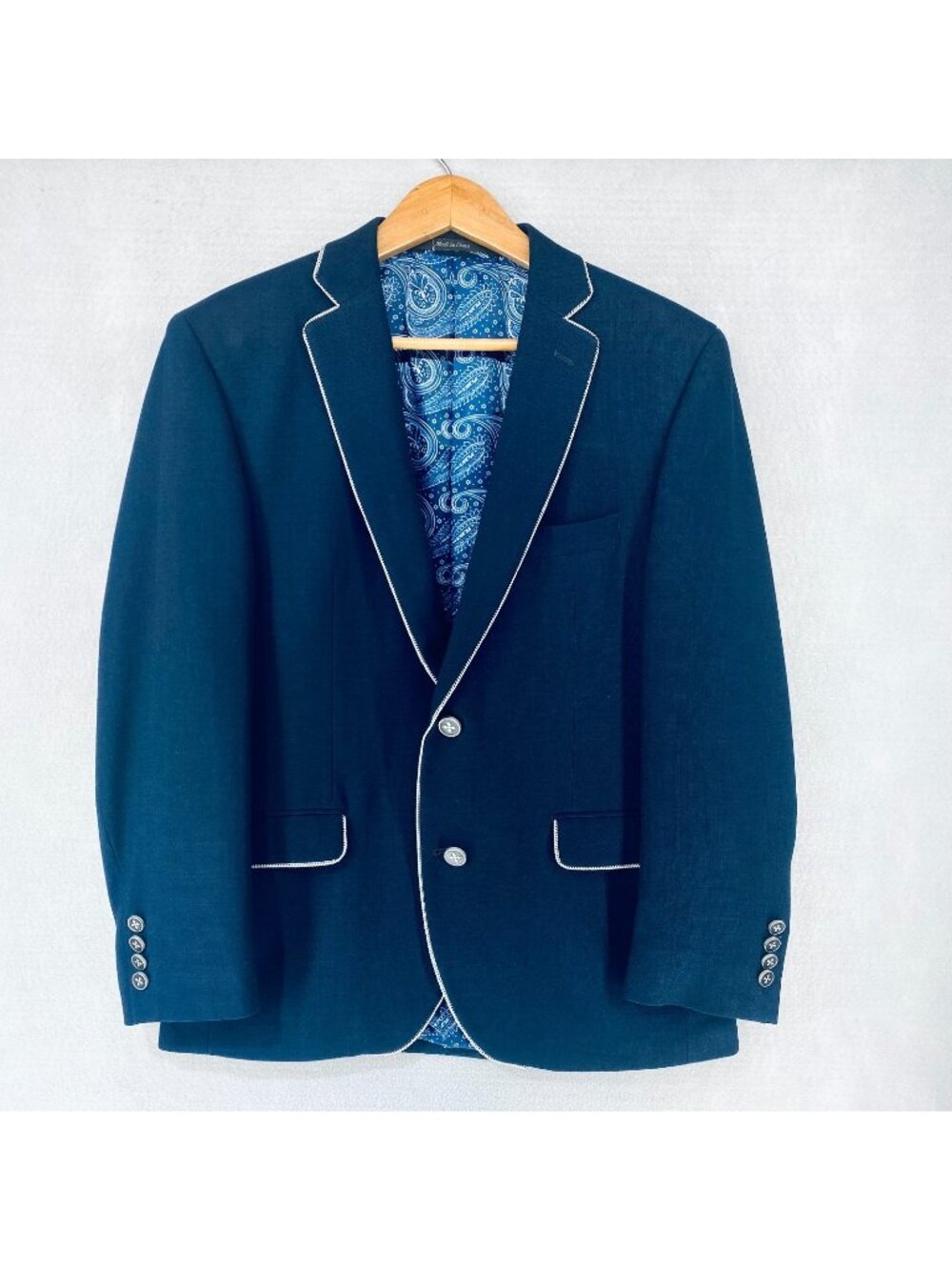 Tallia Blazer Mens 40S Blue Stretch Spot Coat Jacket Modern Wedding Piping